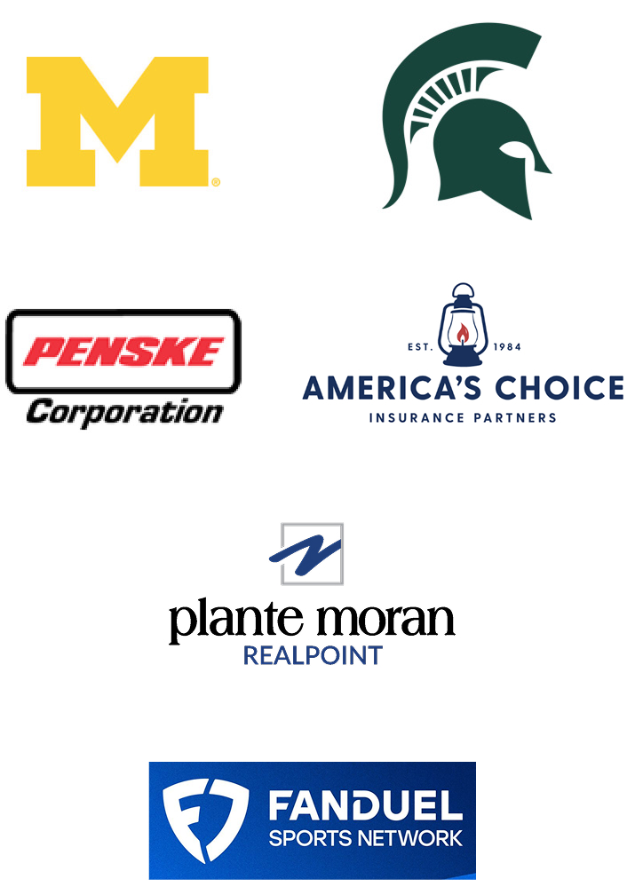 2025 Sponsors - University of Michigan, Michigan State, Penske Corporation, America's Choice, Plante Moran, and FanDuel Sports Network